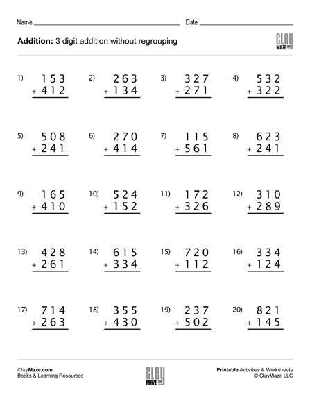 Addition Worksheet (set-D): 3 digit addition - no regrouping ...