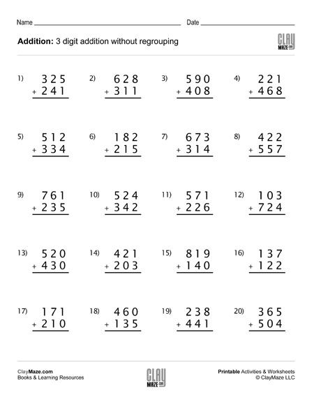 Addition Worksheet (set-B): 3 digit addition - no regrouping ...