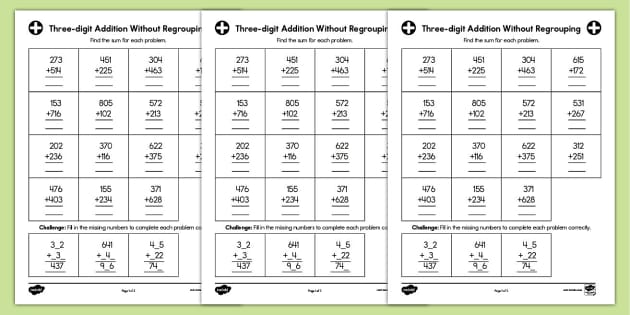 Three-digit Addition Without Regrouping Activity - Twinkl