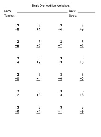 Single Digit Addition Worksheet With First Addend of 3 | All Kids ...