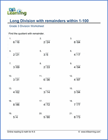 Grade 3 math worksheet: Long division with remainders within 1-100 ...