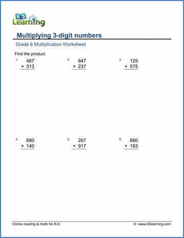 3 digit multiplication worksheet grade 6
