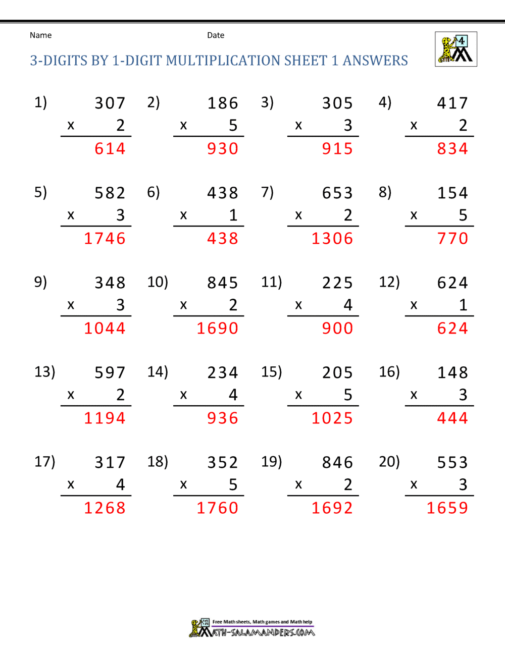 Math Multiplication Worksheets 4th Grade
