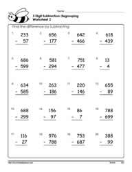 3 Digit Subtraction with Borrowing Worksheets