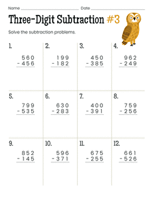 Three-Digit Subtraction #3 | Interactive Worksheet 