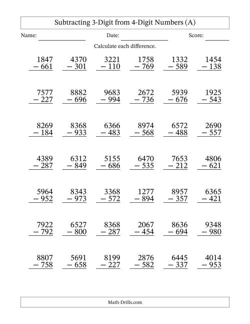 3 digit subtraction worksheet free