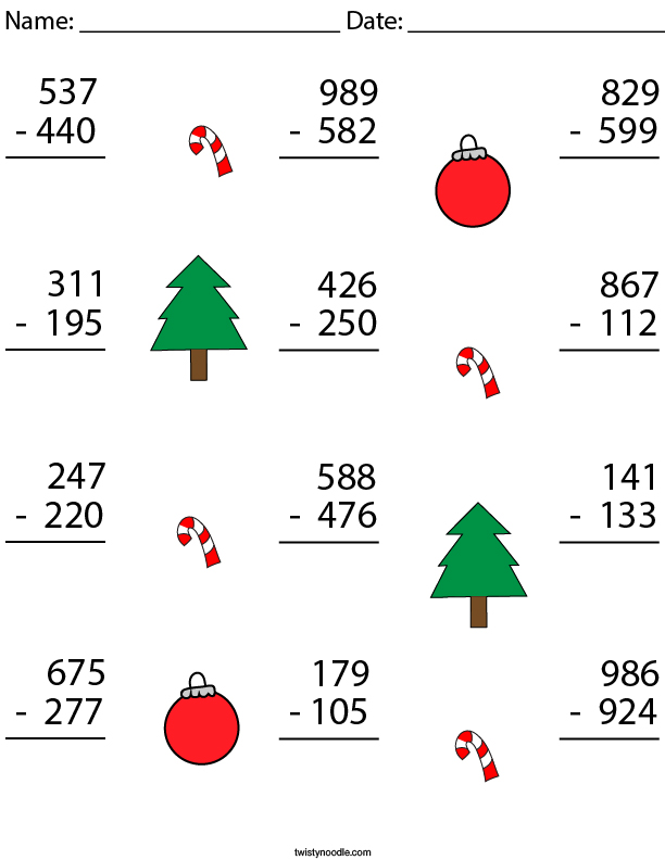 Christmas 3 Digit Subtraction Math Worksheet - Twisty Noodle