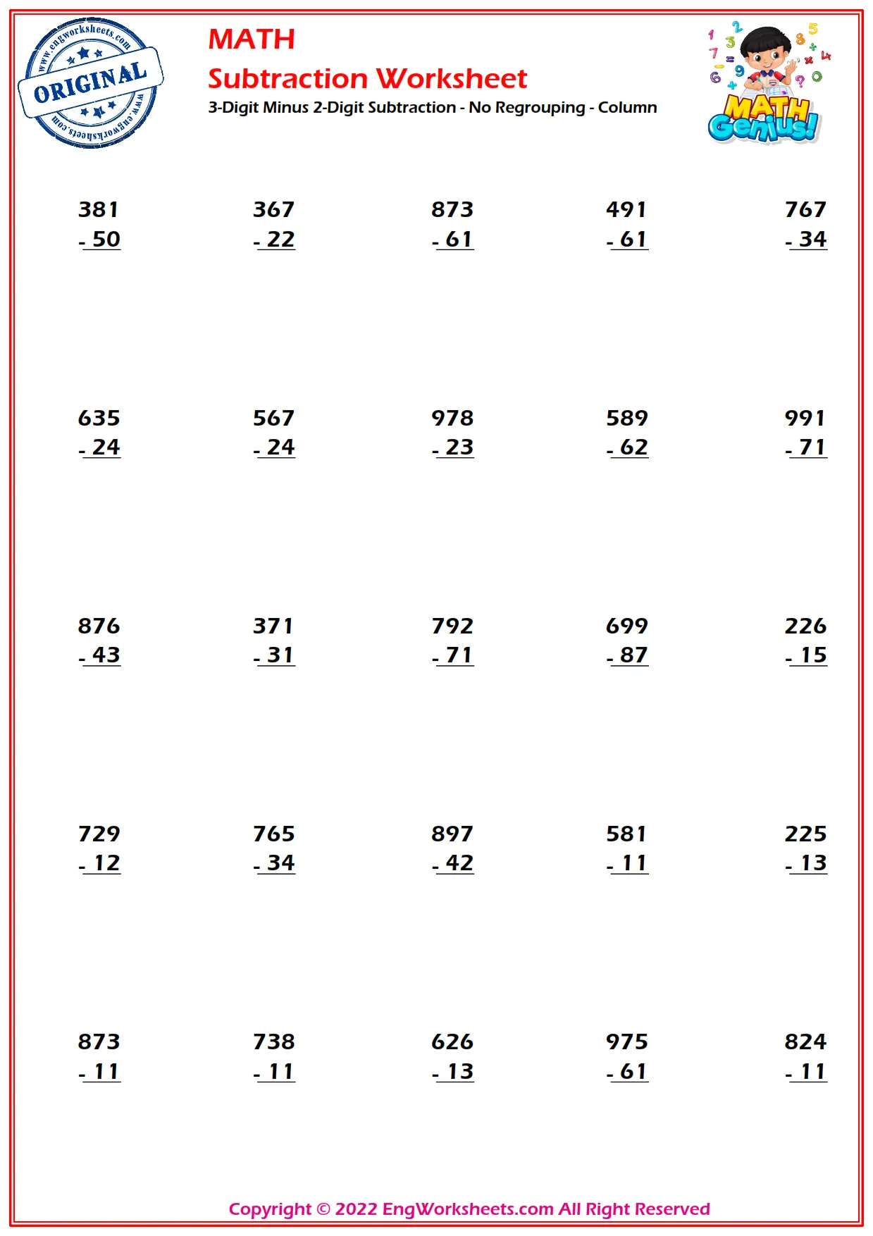 3-Digits Subtraction Worksheets and Exercise - Engworksheets