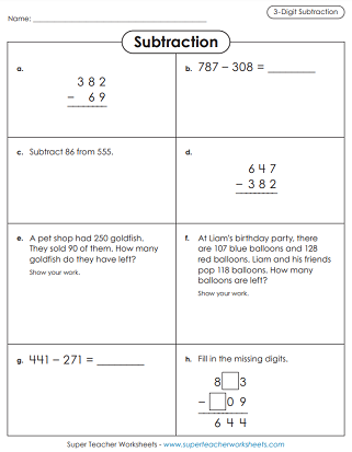 3 digits addition and subtraction worksheet