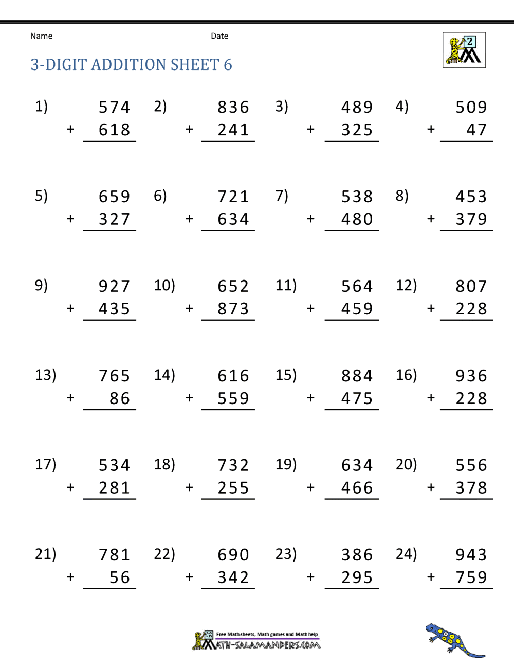 3 Digit Addition Worksheets