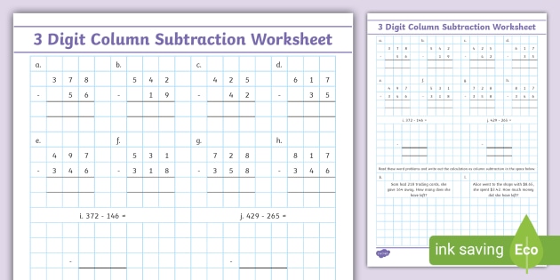 3 Digit Column Method Subtraction Worksheet - Maths - 3-4