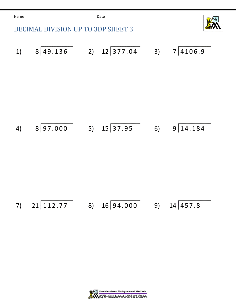 Division of Decimal Numbers Worksheets