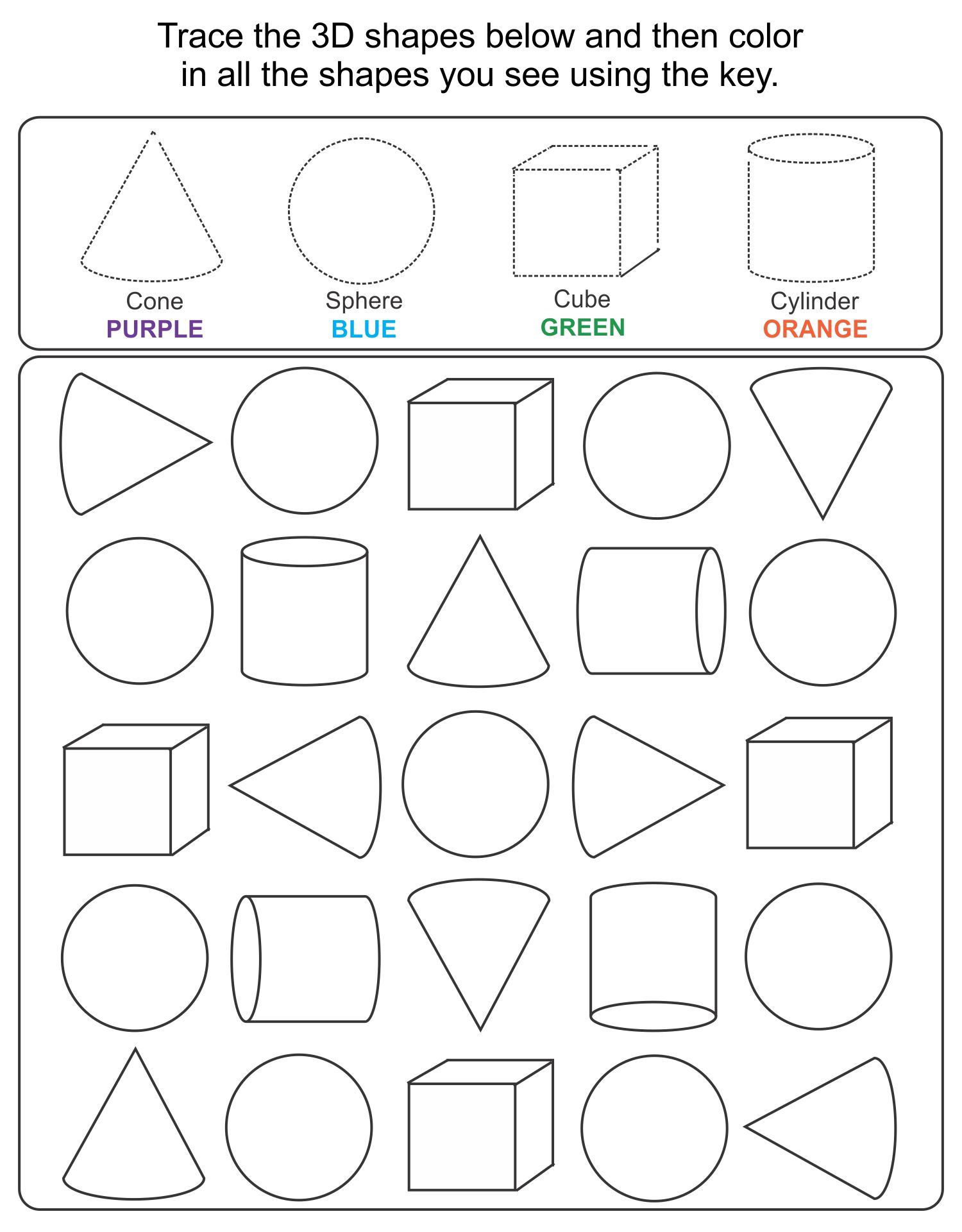 Free Collection Of Kindergarten 3D Shape Worksheets