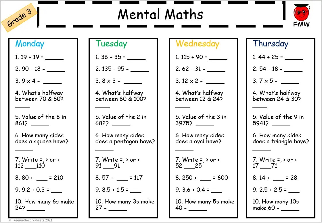 3 grade math worksheet free online