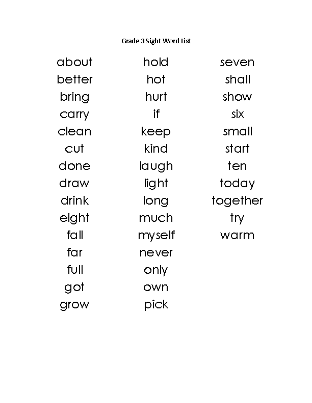 Sight Words Lists | Sight Words List Grade 3