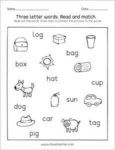 Three letter words reading, writing and matching worksheets for ...