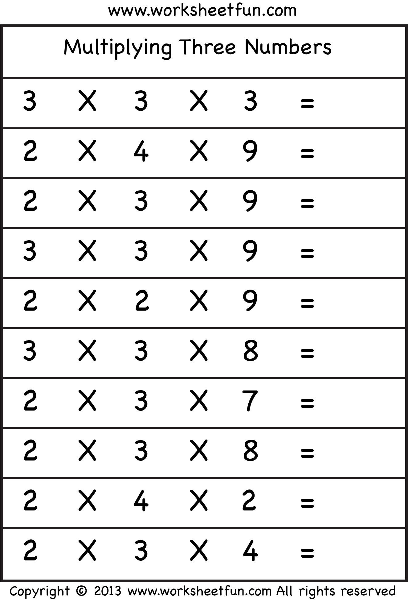 Multiplying 3 Numbers - Three Worksheets / FREE Printable ...