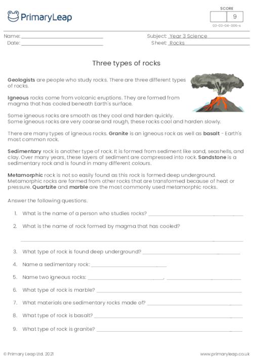 3 types of rocks worksheet