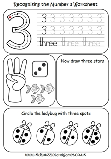 3 Recognising the Number Three Worksheet - Kids Puzzles and Games