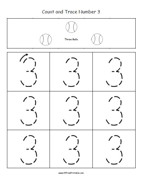 Count and Trace Number 3 Worksheet - Free Printable