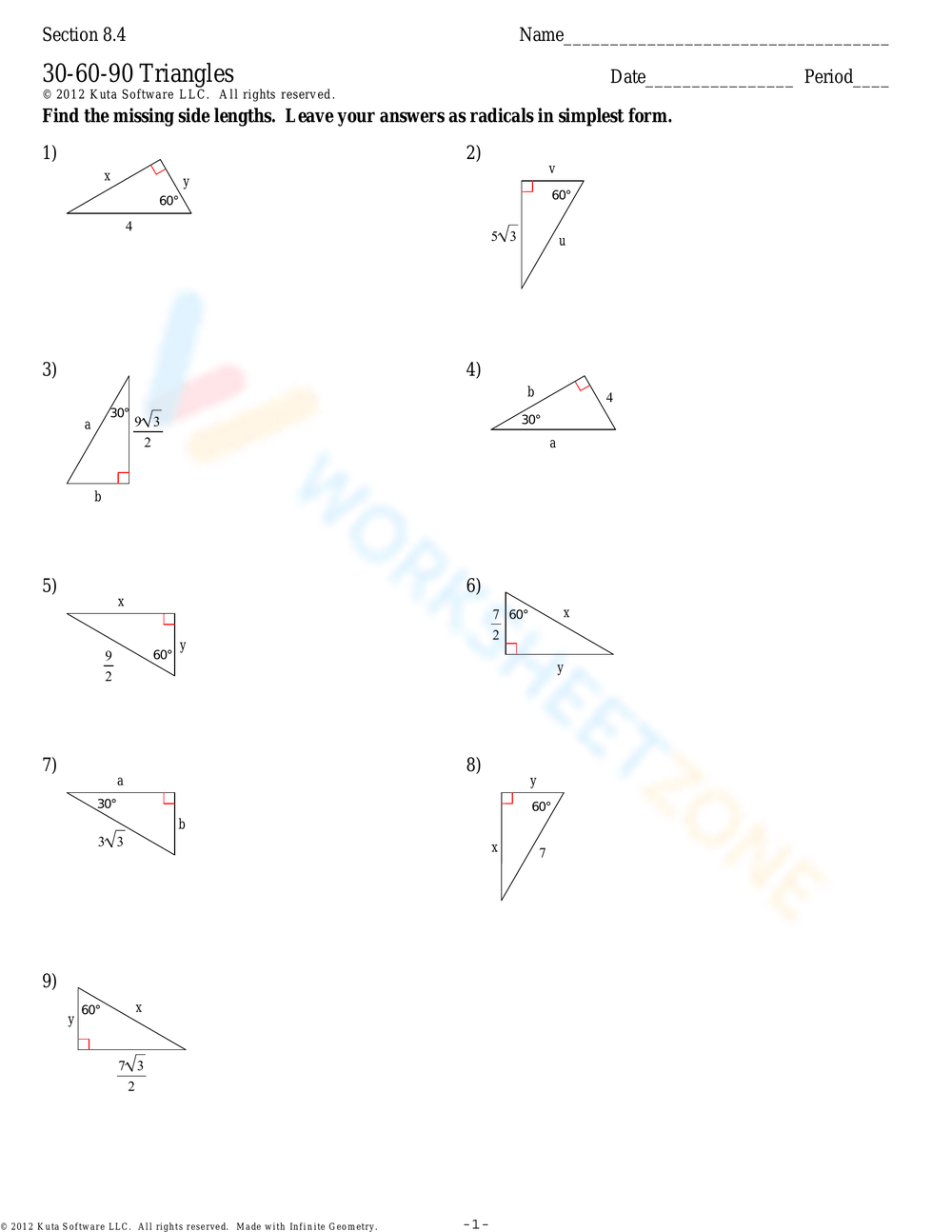 30-60-90 Triangles 1 Worksheet