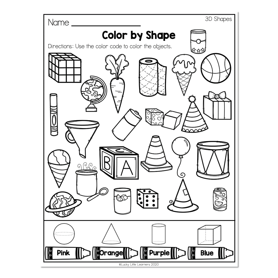 2nd grade math worksheets geometry 3d shapes color by shape