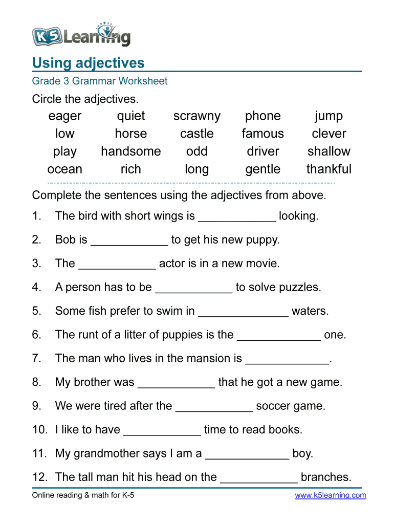 Adjectives Worksheets For Grade 3 - Fill Online, Printable ...