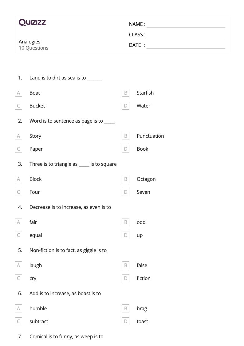 50+ Analogies worksheets for 3rd Grade on Quizizz | Free &  Printable
