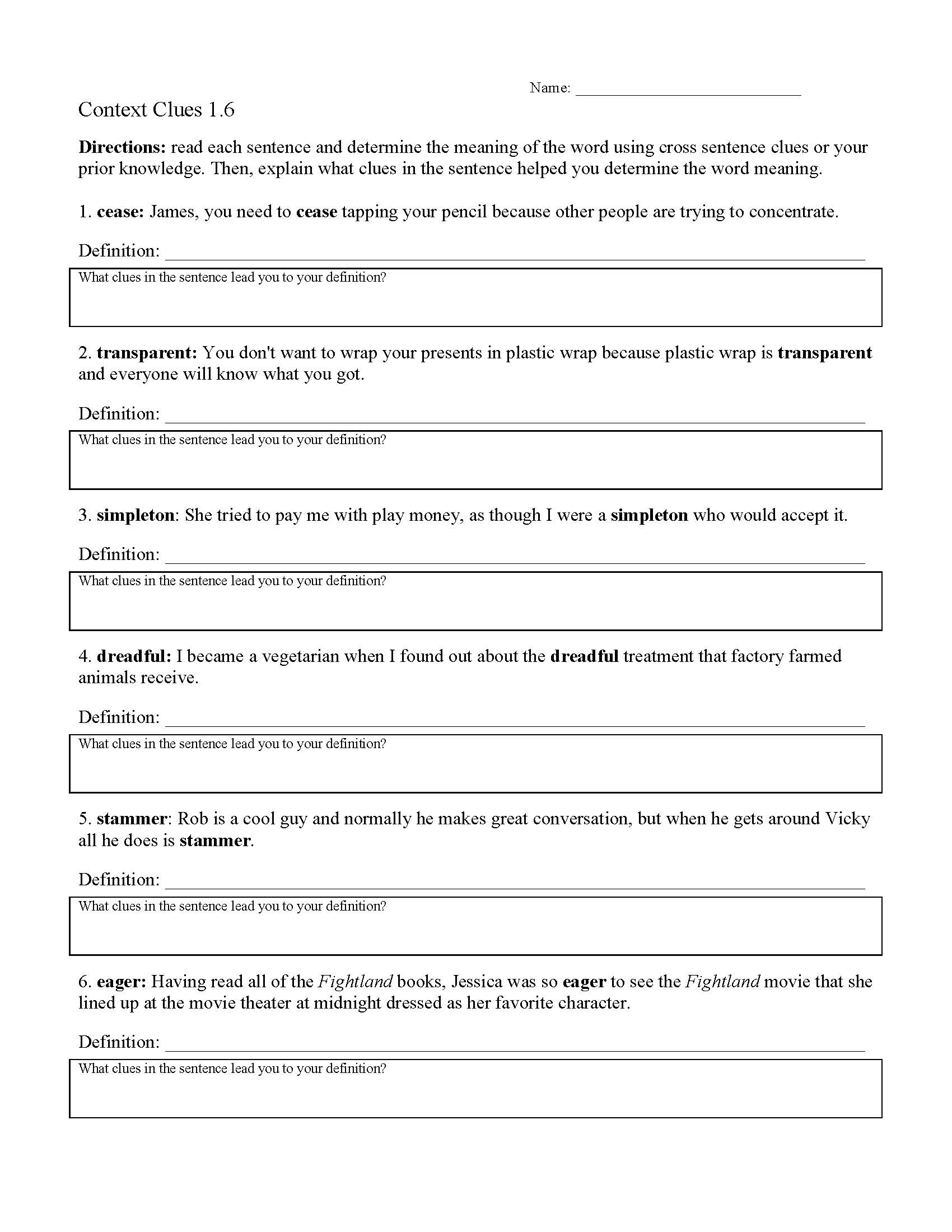 Context Clues Worksheets  