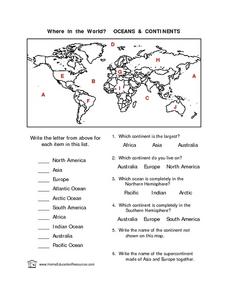 3rd grade continents and oceans worksheet