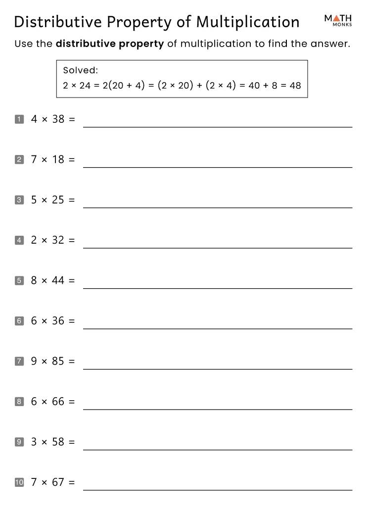 3rd grade distributive property of multiplication worksheet