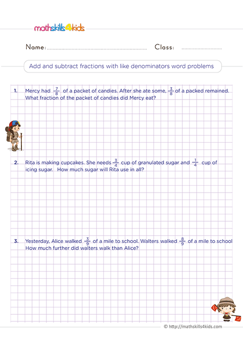 Free printable 3rd Grade fractions worksheets for math practice