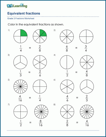 Grade 3 Math Worksheet: Equivalent fractions | Worsheets library