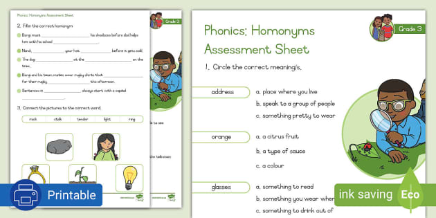 Grade 3 Phonics: Homonyms: Assessment Worksheet - Twinkl