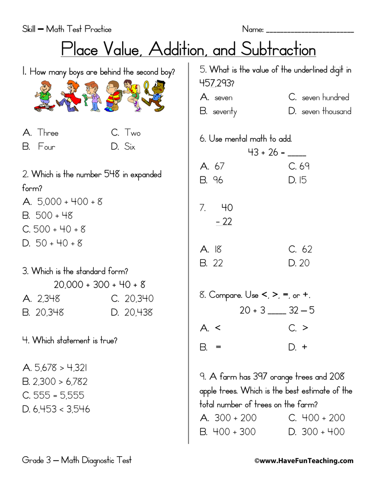 Third Grade Math Test Practice Worksheet  