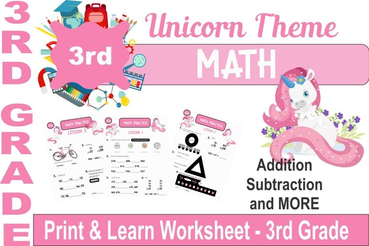 3rd Grade Math Practice Printable Worksheets - Unicorns