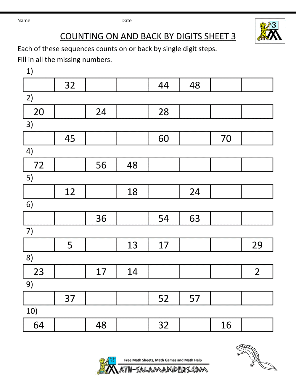 Counting on and back Worksheets 3rd Grade