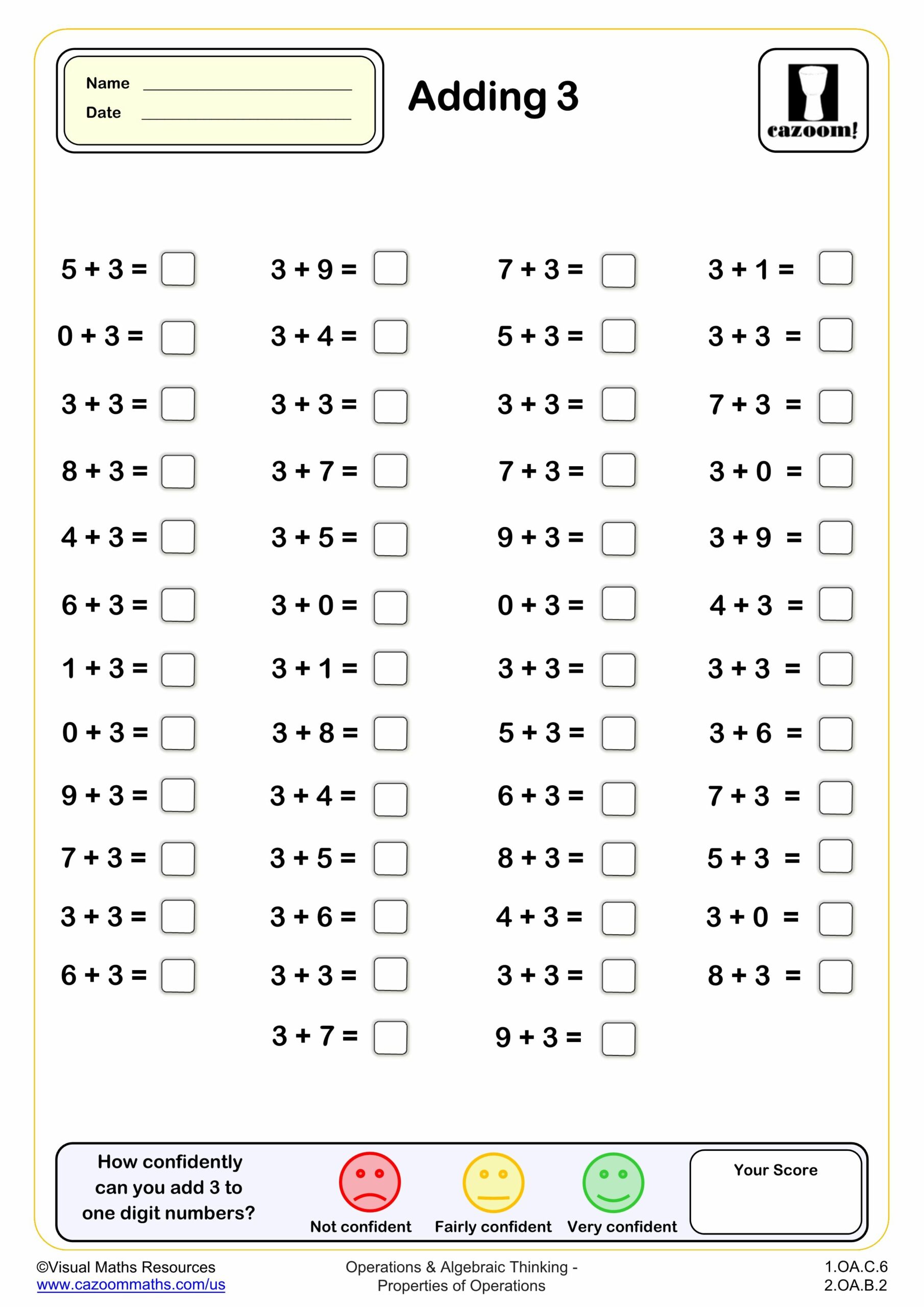 Adding 3 (50 questions) | Fun and Engaging 1st Grade PDF Worksheets