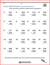 3 Digit Subtraction Worksheets