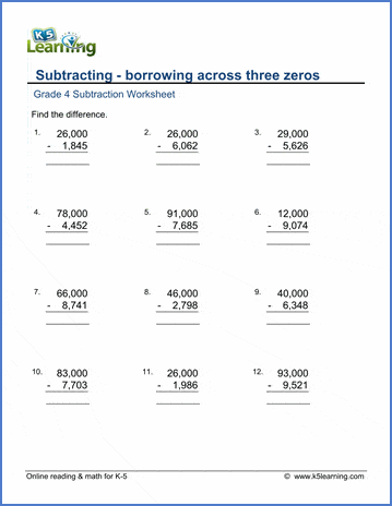 Regrouping across three zeros | Worsheets library
