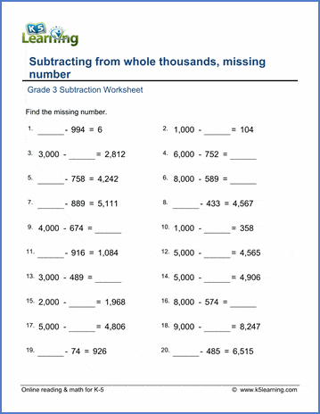 Grade 3 math worksheet: Subtract from whole thousands, missing ...