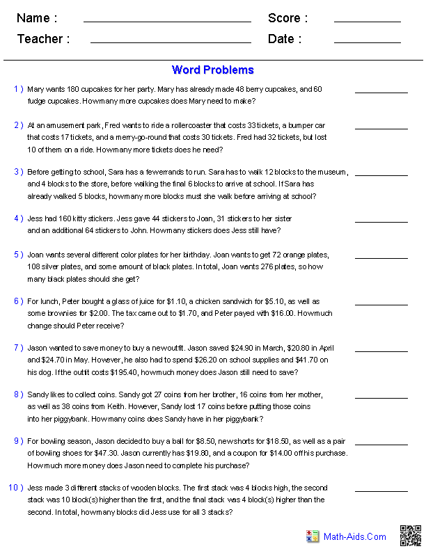 Word Problems Worksheets | Dynamically Created Word Problems