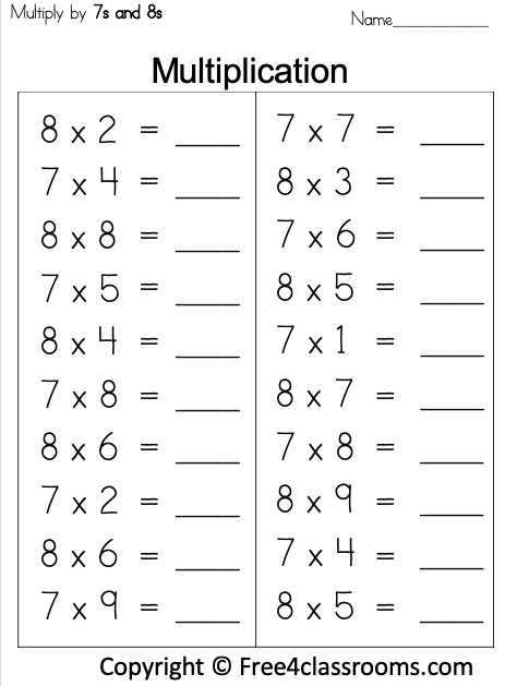 Free Multiplication Worksheet - 7s and 8s - Free Worksheets ...