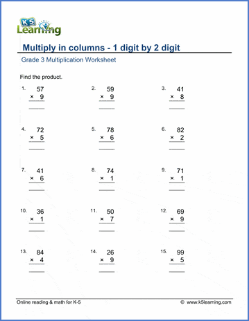Grade 3 Math Worksheets: Multiplication in columns 1 by 2-digit ...