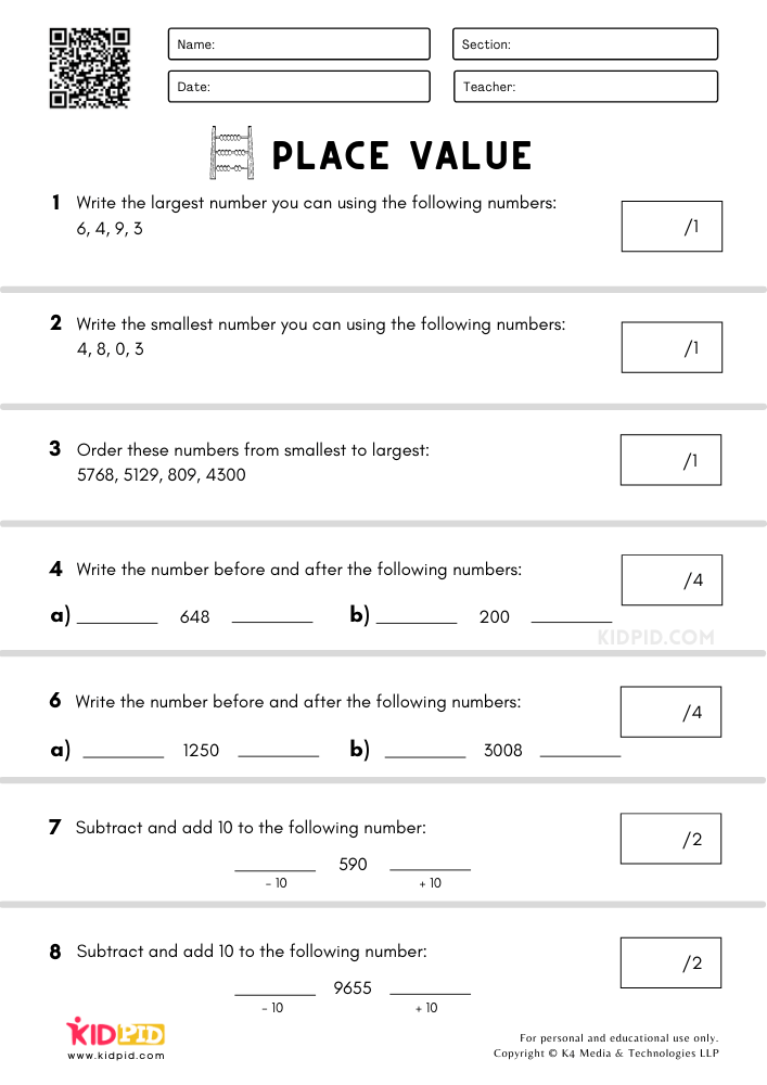 Place Value Worksheet for Grade 3 - Kidpid
