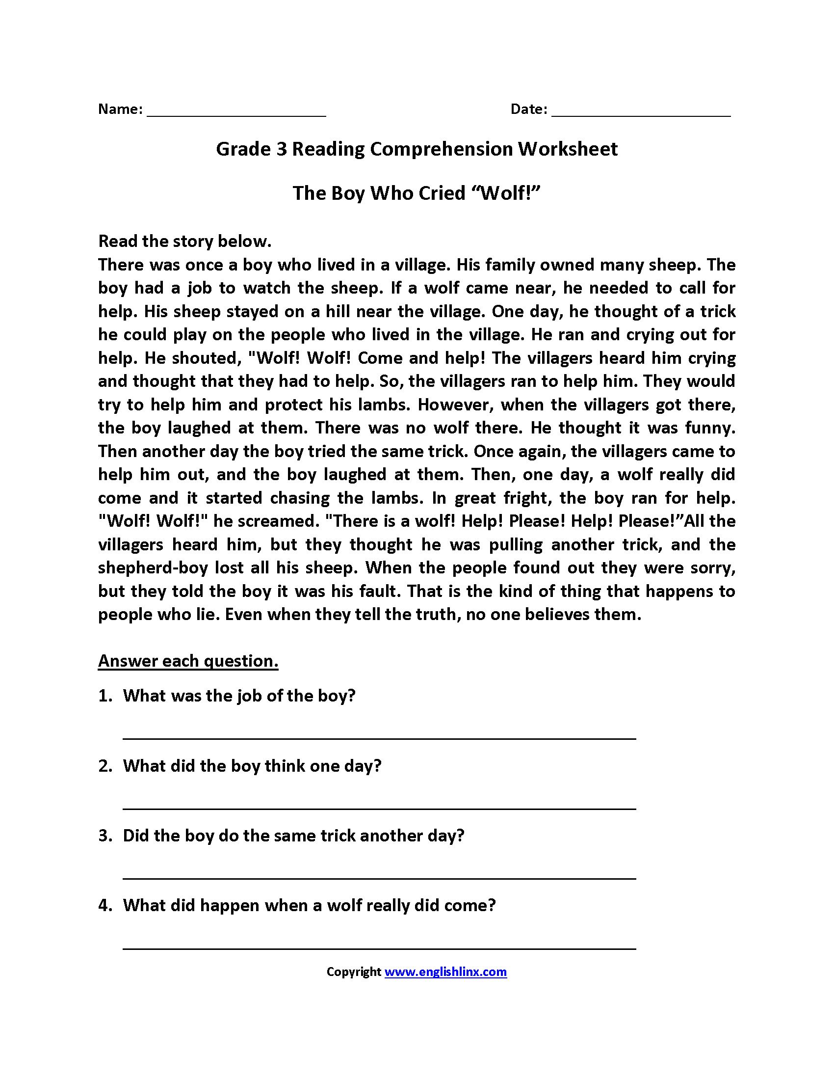 3rd grade reading worksheet to print