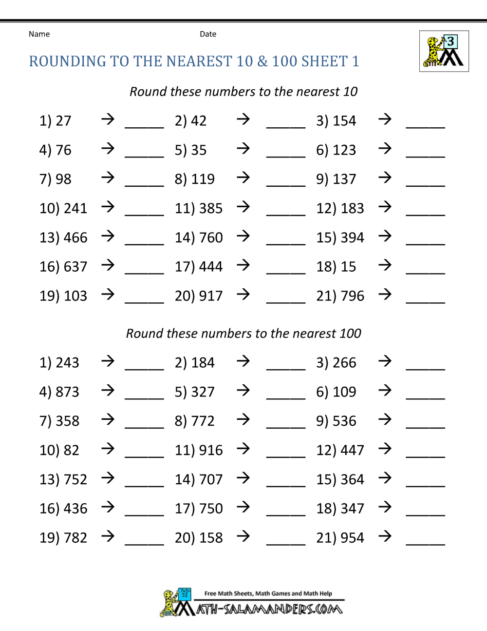 Rounding to the nearest 100 Worksheets