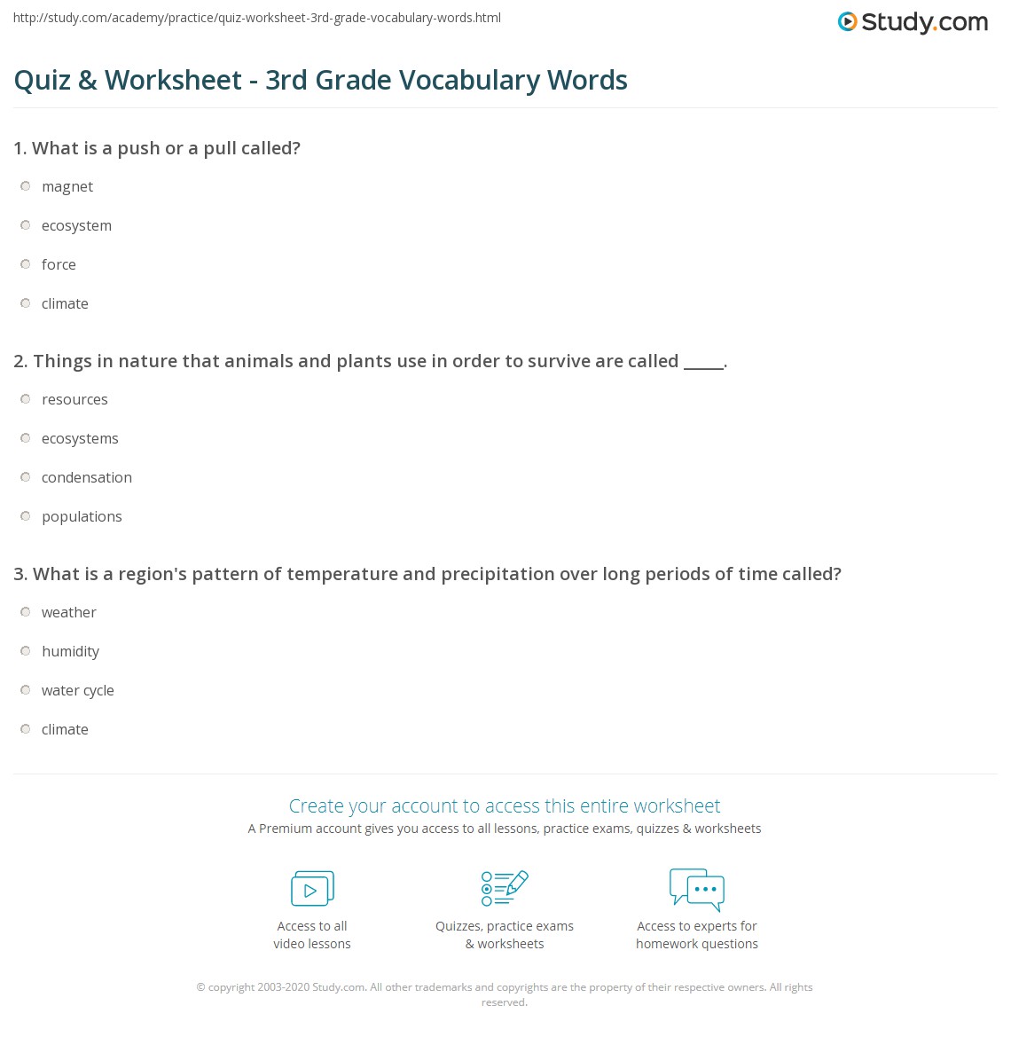 Quiz &  Worksheet - 3rd Grade Vocabulary Words | Study.com