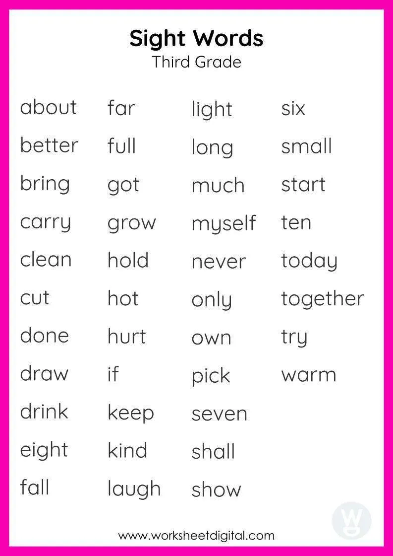 3rd grade sight words worksheet