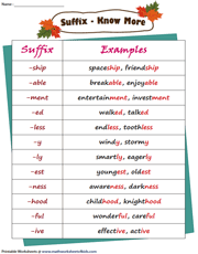 Suffixes Worksheets
